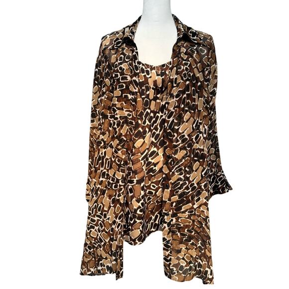 Chico's Silk Animal Print Sheer Tunic Shirt & Tank Boho Set Women XL Brown Black - Picture 1 of 14